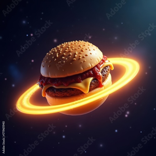 Burger patty as a planet orbiting glowing cheese ring