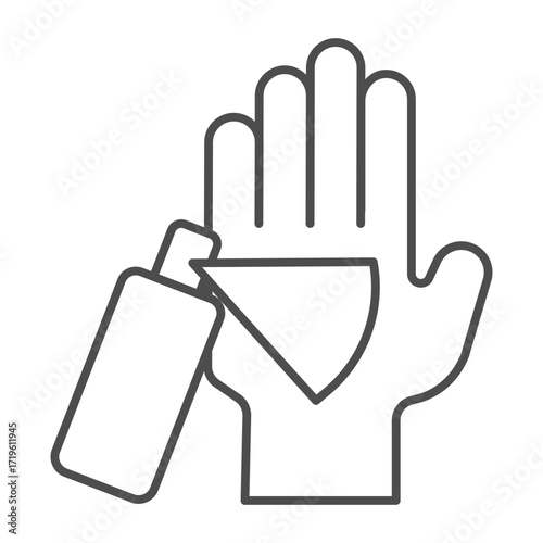 Hand with perfume spray thin line icon, body hygiene concept. Vector graphics. Deodorant bottle and hand, cosmetics sign on white background, outline style icon for mobile or web design.