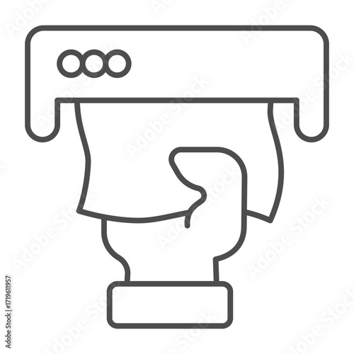 Napkin in hand thin line icon, body hygiene concept. Vector graphics. Dry tissue from napkin dispenser, hand washing sign on white background, outline style icon for mobile or web design.