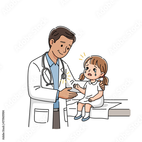 A doctor consoling and examining a young girl, a tender moment of care and support. The doctor's compassion offers comfort to the little girl