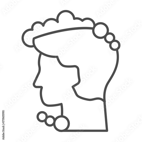 Man head hair with foam thin line icon, body hygiene concept. Vector graphics. Guy with soapy shampoo foam, head washing sign on white background, outline style icon for mobile or web design.