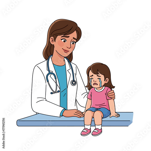 A caring doctor comforting a crying child. A reassuring moment between a medical professional and a young patient in a doctor's office