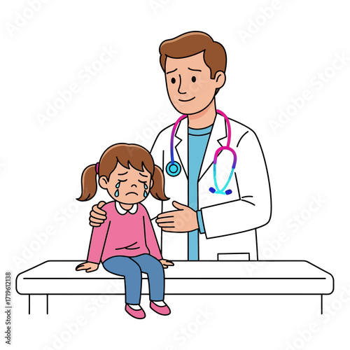 A caring doctor consoles a young patient who is crying while sitting on an examination table