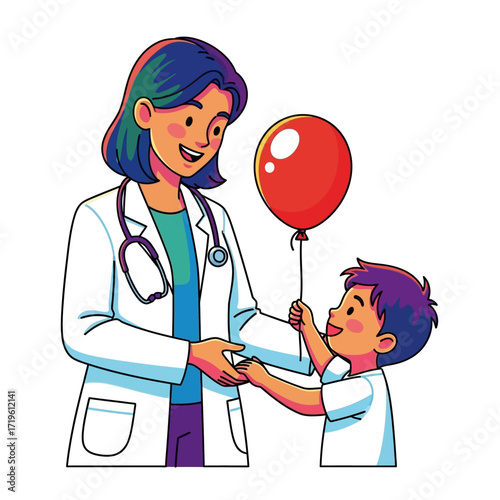 A kind doctor giving a red balloon to a young patient, fostering joy and comfort during a medical visit. The child's eyes light up with happiness