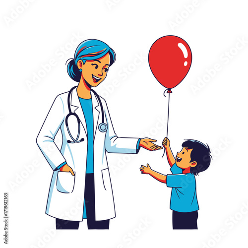 A doctor giving a cheerful child a red balloon. A moment of care and happiness, creating a sense of comfort and ease