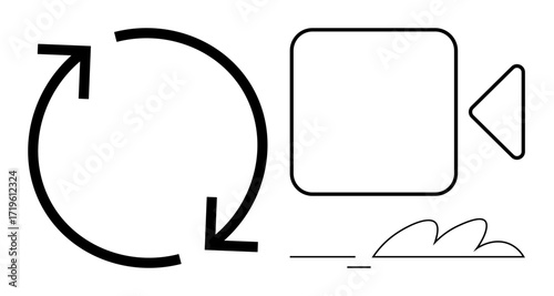 Arrows in a loop next to a video playback icon with a cloud signify repetition, streaming, or digital media flow. Ideal for media, video, cloud storage, technology, playback, reuse sustainability