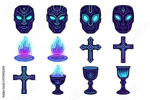 Neon ancient masks and symbols: glowing masks, crosses, and chalices