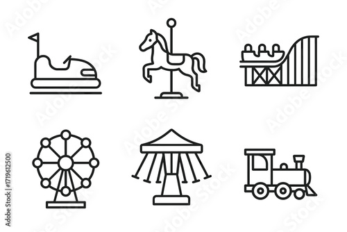 Amusement park rides: bumper car, carousel, roller coaster, ferris wheel, swing, train