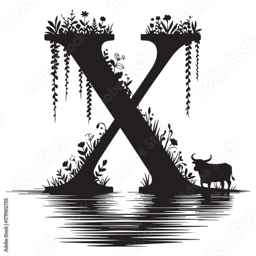 Mysterious black silhouette of letter x over water with overgrown plants and a lone bull standing on the right