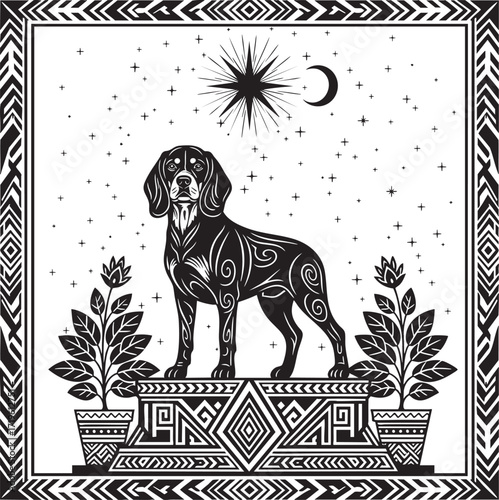 Tribal Hound Dog on Geometric Pedestal under Star & Crescent Moon – Black & White Vector