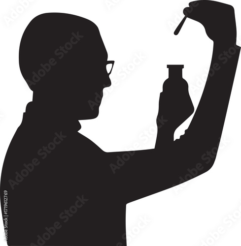 Scientist holding small bottle and dropper laboratory silhouette vector, black and white silhouette vector illustration