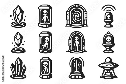 Alien icons: crystals, spaceships, portals, and extraterrestrial beings in minimalistic style