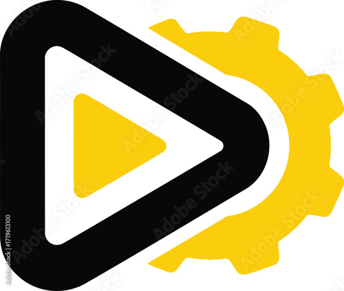 Modern play button icon with gear element