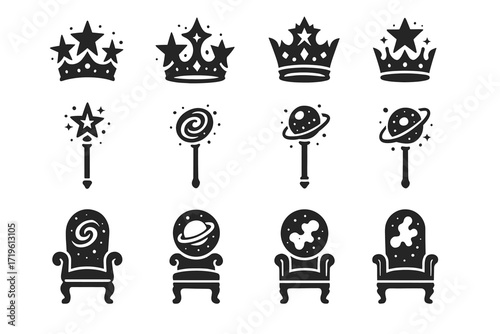 Collection of fantasy crowns, wands, and thrones with star and planet motifs