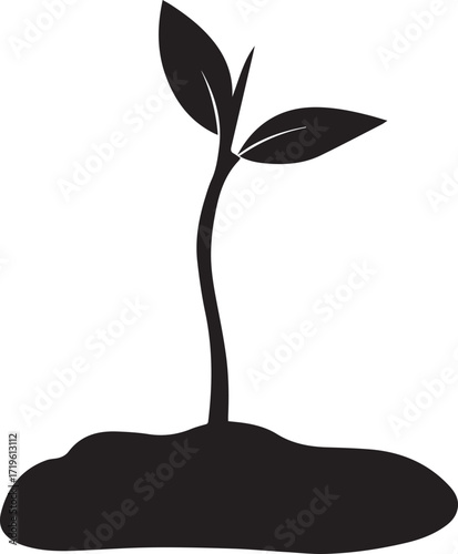 Black seedling growing from soil plant sprout silhouette vector, black and white silhouette vector illustration