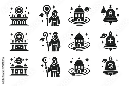Monochrome mystical icons featuring buildings, figures, and celestial elements