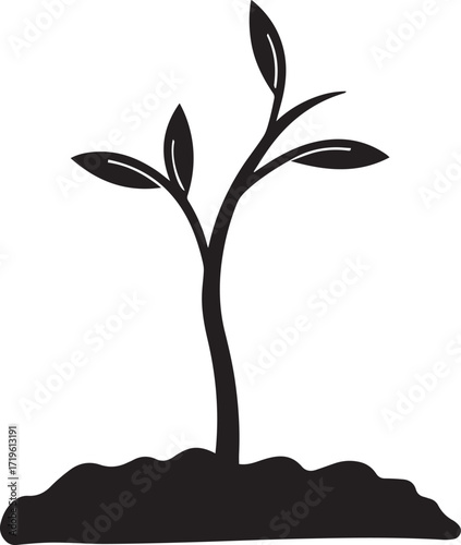 Black seedling growing from soil plant sprout silhouette vector, black and white silhouette vector illustration
