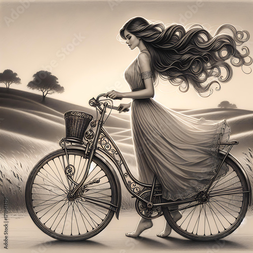 Elegant Pencil Sketch of Woman Riding Vintage Bicycle on Hill Amidst Soft Evening Twilight