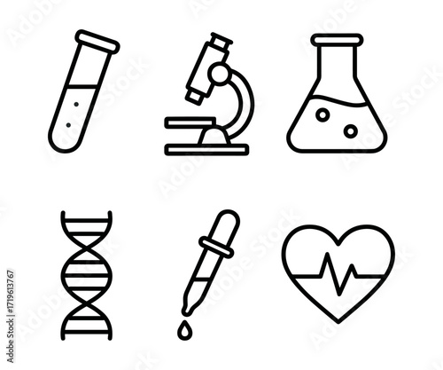 laboratory science outline icons, test tube, microscope, flask, dna, pipette