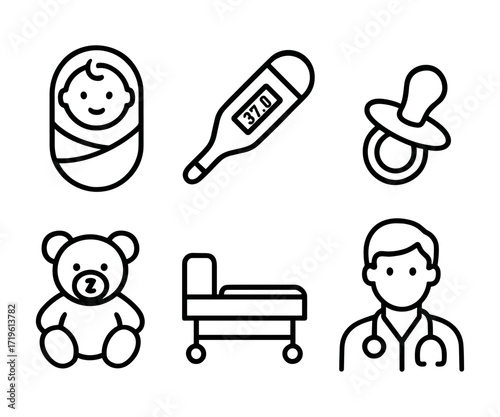 baby care outline icons ,newborn, thermometer, pacifier, teddy