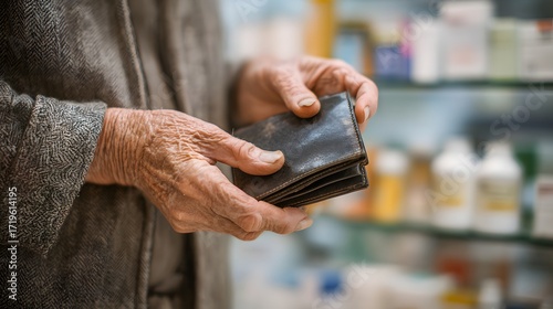 Closeup of an elderly persons hands holding a worn wallet, with a blurred background of a store