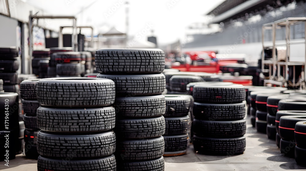 Obraz premium Stacks of racing tires in a pit lane garage, ready for a race.