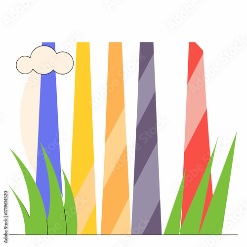 Colorful factory chimneys with grass and cloud