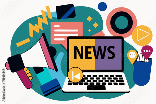 Digital news and media concept with laptop showing news, megaphone, play buttons, and communication icons, representing online information and broadcasting