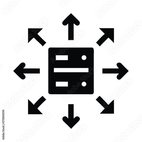 Server scalability concept represented by arrows expanding from a central data unit