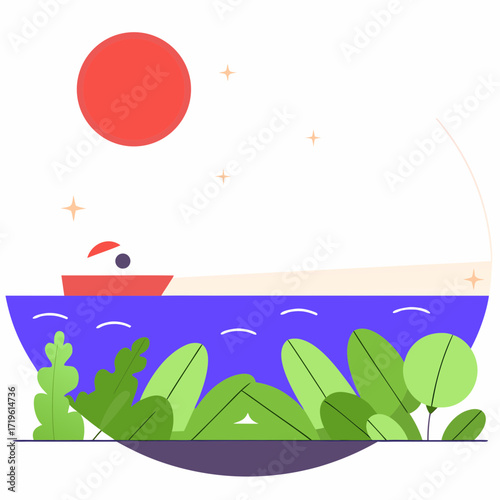 A stylized illustration of a red sun setting over a calm blue ocean with a small boat and lush green foliage in the foreground