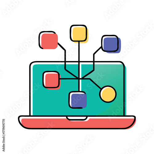 Digital network connections shown on a laptop screen with colorful connected blocks