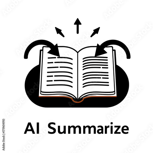 AI Summarizer Vector Icon. Open Book with Text and Arrows. Automated Text Summarization, Content Condensation, AI-Powered Writing Tools, Smart Writing Solutions.