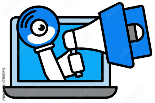 Digital marketing concept with a hand holding a megaphone and a cd coming out of a laptop screen, representing online advertising and promotion