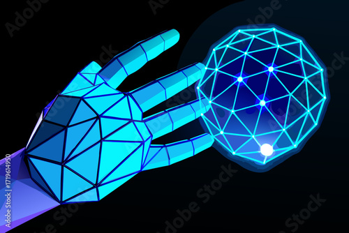 Futuristic low poly hand reaching out to a glowing geometric sphere, representing artificial intelligence and technology