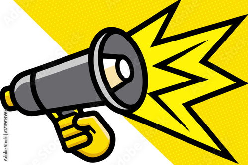 A hand holding a megaphone emitting a bright yellow sound wave, symbolizing announcement or alert, against a vibrant yellow and