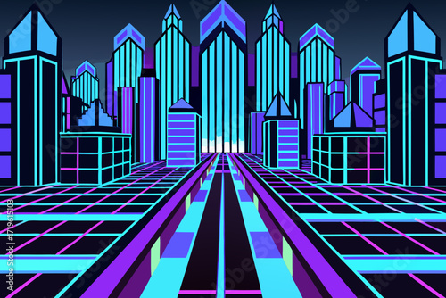 Retro futuristic cityscape with neon lights and grid pattern on the ground, evoking a sense of digital art and 80s aesthetic