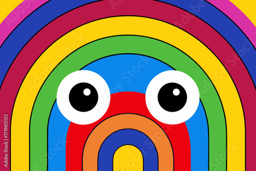 A vibrant and colorful abstract illustration featuring a playful, cartoonish face with large googly eyes set against a backdrop of concentric, rainbowcolored arches, evoking a sense of joy and whimsy