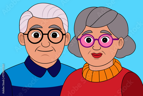 A cartoon illustration of a smiling elderly couple wearing glasses, representing seniors and companionship