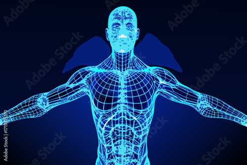 Futuristic blue wireframe human body glowing with digital data, representing artificial intelligence, science, and technology in a dark background