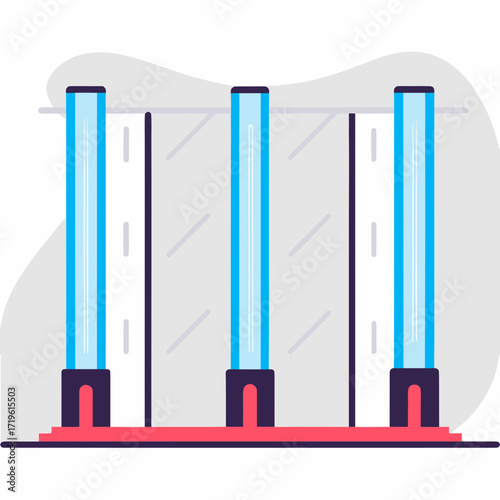 Three tall blue fluorescent lights standing in a row on a red base, with a grey abstract shape in the background, representing modern lighting or technology