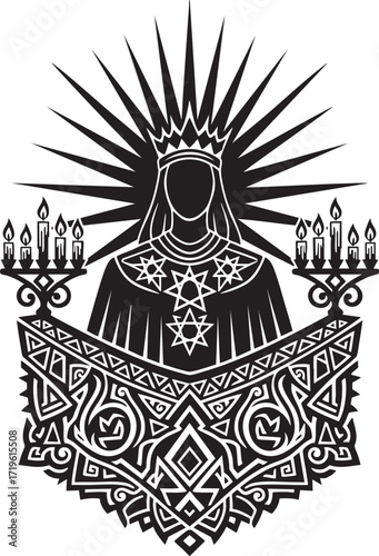 Virgin Mary Illustration with Candles and Ornate Details