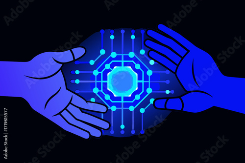 Two stylized hands, one purple and one blue, reaching towards each other over a glowing blue digital circuit board pattern on a dark background, symbolizing connection and technology