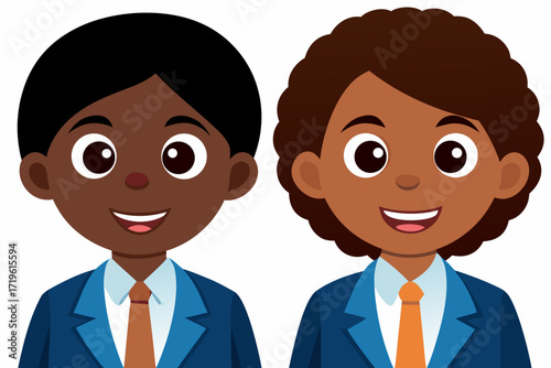 Two cartoon children, a boy and a girl, with dark skin and dark hair, wearing blue suits and orange ties, smiling and