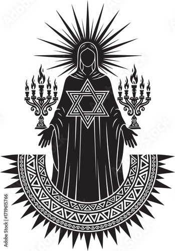 Boho Sacred Priestess with Radiant Halo & Candelabras – Black & White Mystical Vector Illustration