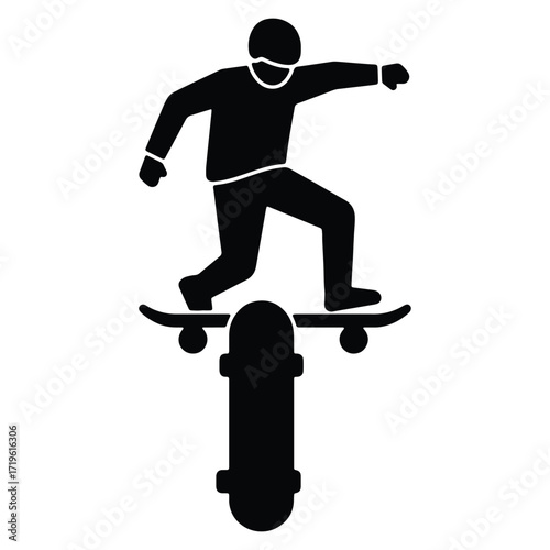 Skateboarder icon performing trick on stacked skateboards for graphic design