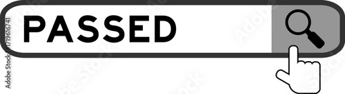 Search banner in word passed with hand over magnifier icon on white background