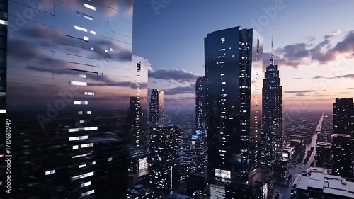 Wallpaper Mural Stunning aerial view of a modern metropolitan city skyline at twilight. Illuminated skyscrapers and vibrant urban landscape reflect the soft evening sky Torontodigital.ca