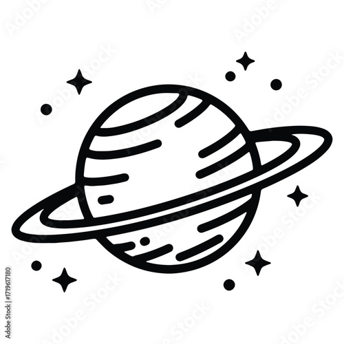 Stylized Saturn illustration with rings and stars black and white drawing