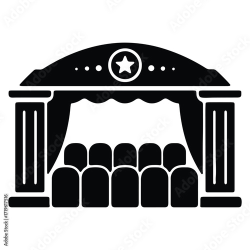 Theater stage with audience and curtains iconic black and white design