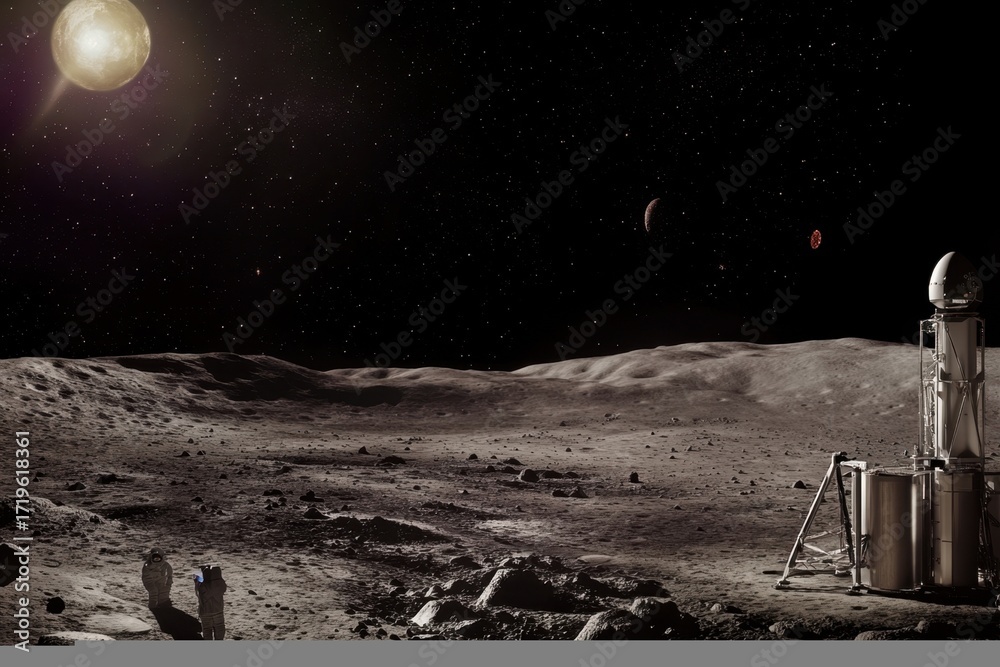 Naklejka premium Explorers discovering the lunar surface during a space mission at dawn